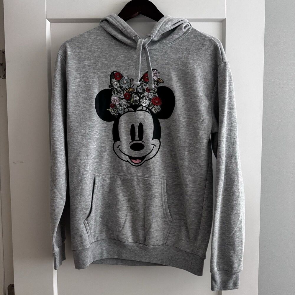 Disney Minnie Mouse Floral Embroidered Bow Grey Hoodie Sweatshirt Women’s Sz L